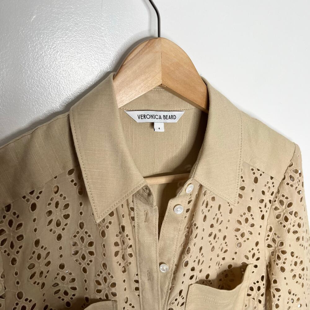 Veronica Beard Rafaela Eyelet Shirt Dress Khaki Utility Chic Size 4 No Slip - Picture 7 of 9